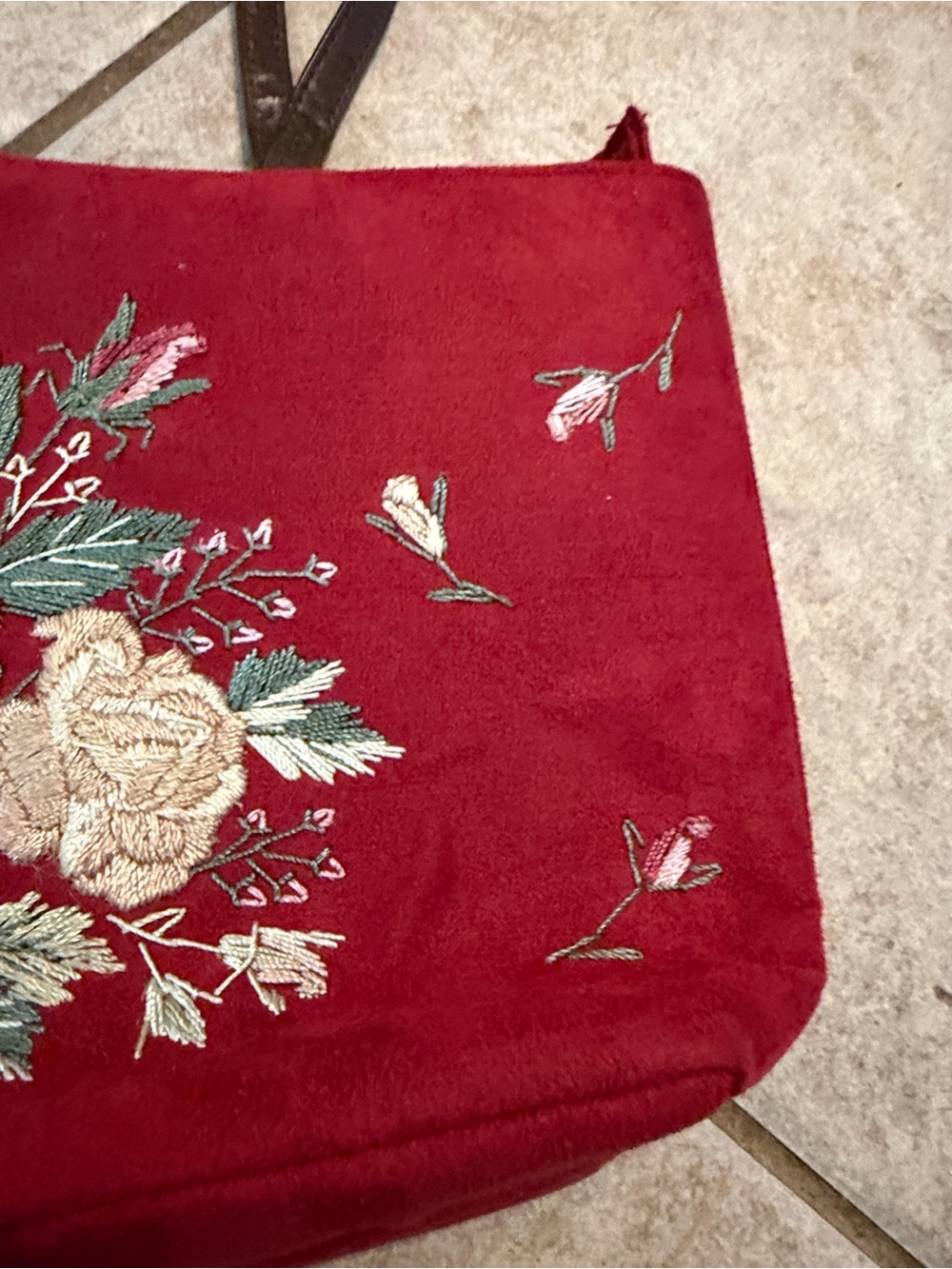 Red Embroidered Floral Tote Bag with Brown Straps - Picture 4 of 9